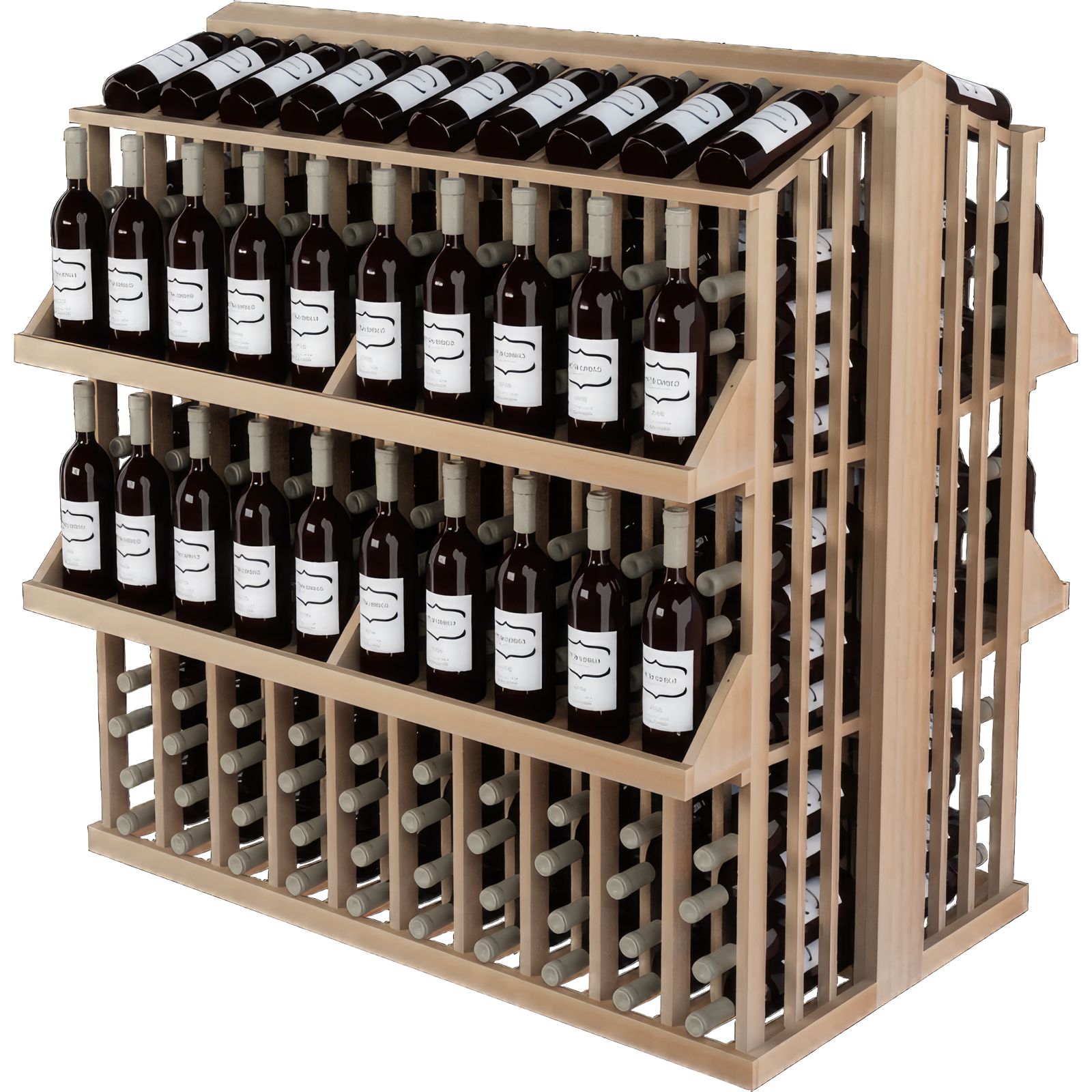 a wooden wine rack filled with many bottles of wine a wooden wine rack filled with many bottles of wine