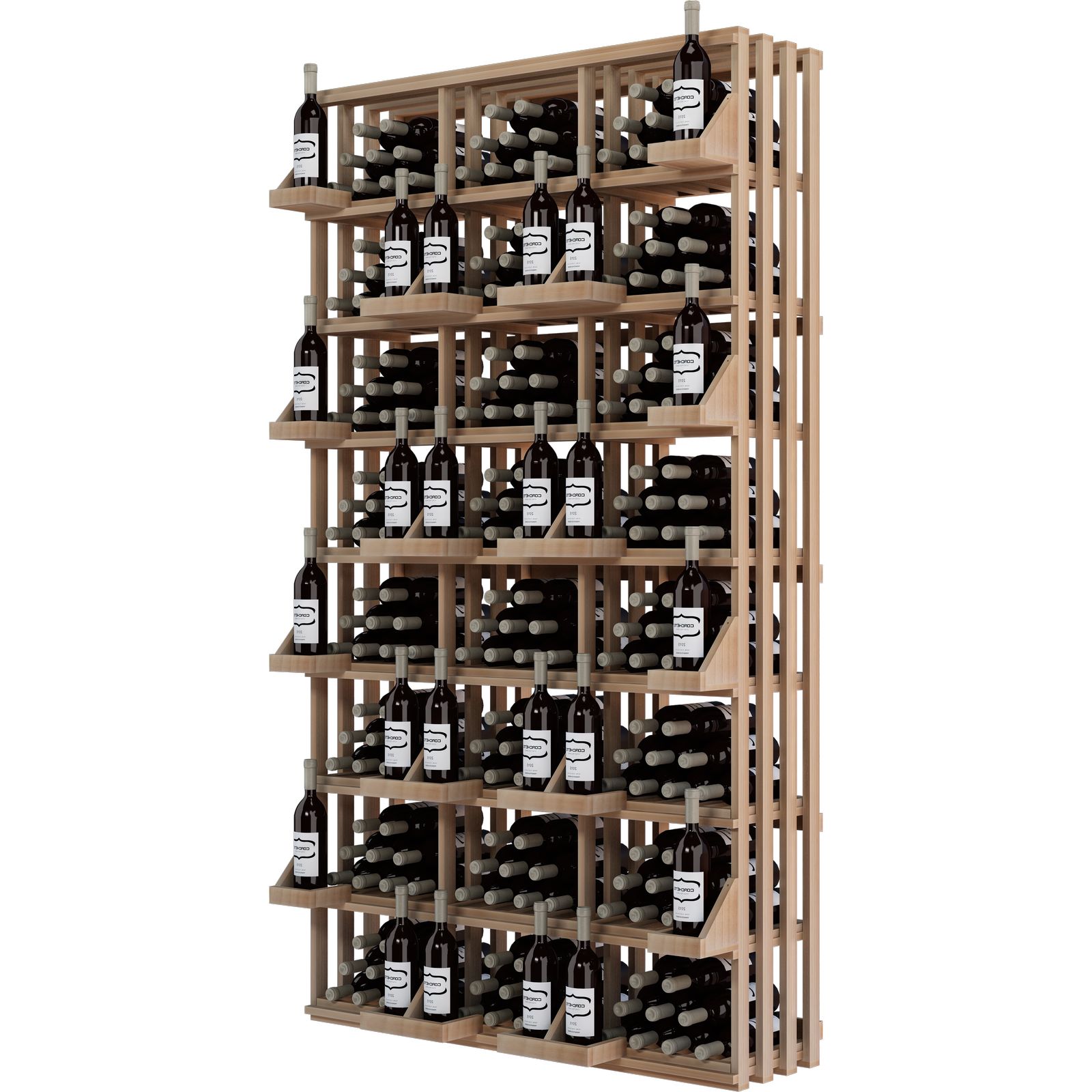 a wooden wine rack filled with lots of bottles of wine . a wooden wine rack filled with lots of bottles of wine .