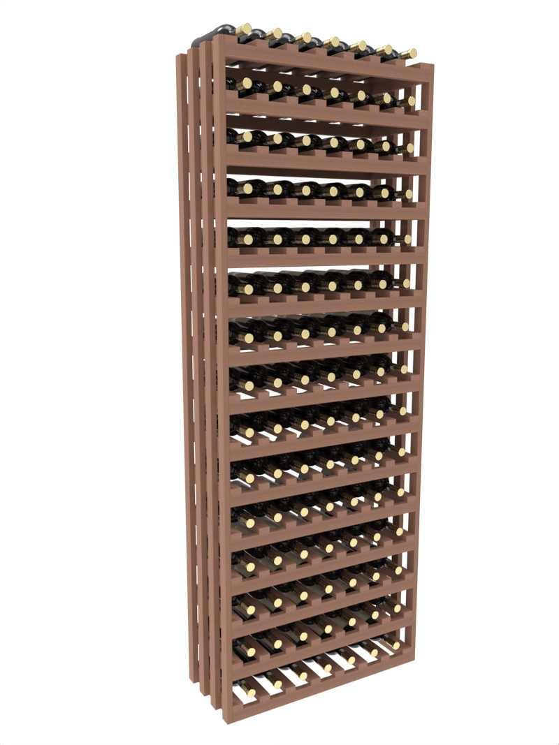 a row of wooden wine racks filled with bottles of wine