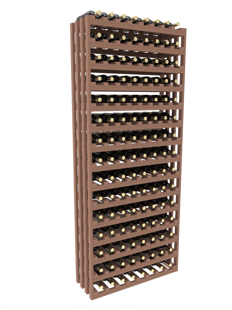 a row of wooden wine racks filled with bottles of wine